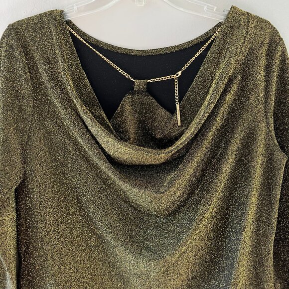 Michael Kors Sz M Black Gold Metallic Stretch Midi Dress Back Chain Long Sleeve - Picture 5 of 10